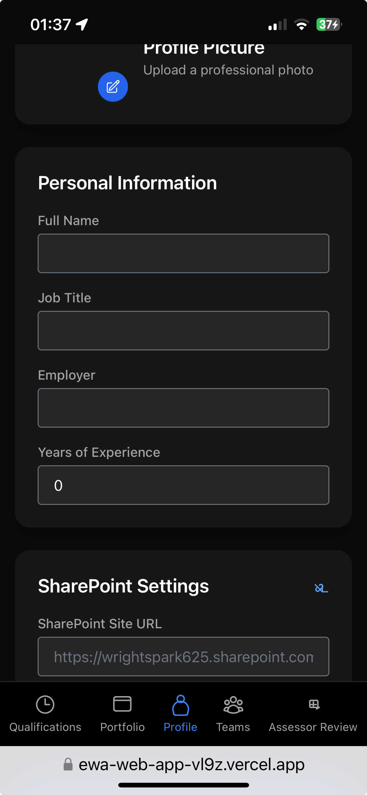 Web App Profile Settings